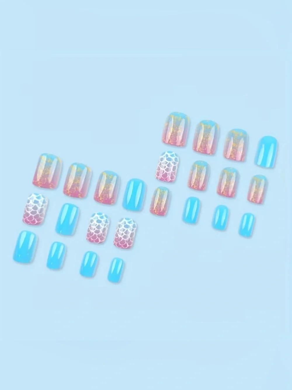Press-On Mermaid Ombre Nails in Blue & Pink with Gold Accent 24pc Set